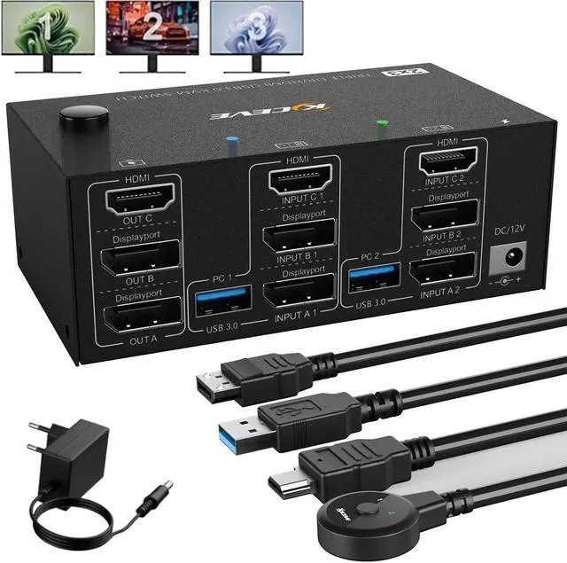 USB 3.0 HDMI + 2 DisplayPort KVM Switch 3 Monitors 2 Computers 8K 60Hz KVM Switch 4K 144Hz KVM Switch Displayport 1.4 + HDMI 2.1 for 2 PC Share Mouse Keyboard and 3 Monitors with Wired Remote
