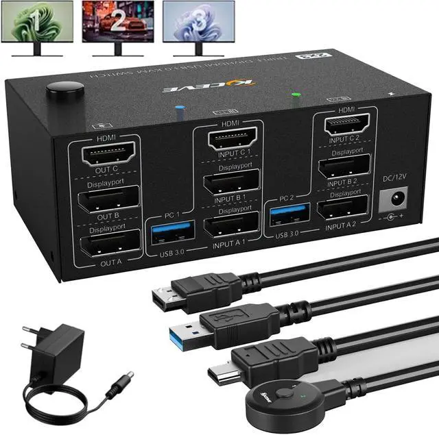 USB 3.0 HDMI + 2 DisplayPort KVM Switch 3 Monitors 2 Computers 8K 60Hz KVM Switch 4K 144Hz KVM Switch Displayport 1.4 + HDMI 2.1 for 2 PC Share Mouse Keyboard and 3 Monitors with Wired Remote