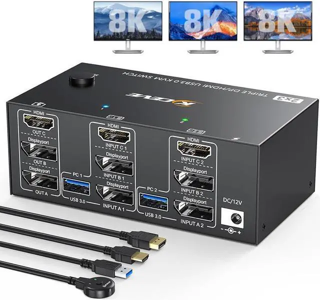 USB 3.0 HDMI + 2 DisplayPort KVM Switch 3 Monitors 8K 30Hz/4k 144Hz Triple Monitor 2 DP + HDMI KVM Switch for 2 Computer Share 3 Display and 4 USB 3.0 Devices. Wired Remote and USB Cables Included