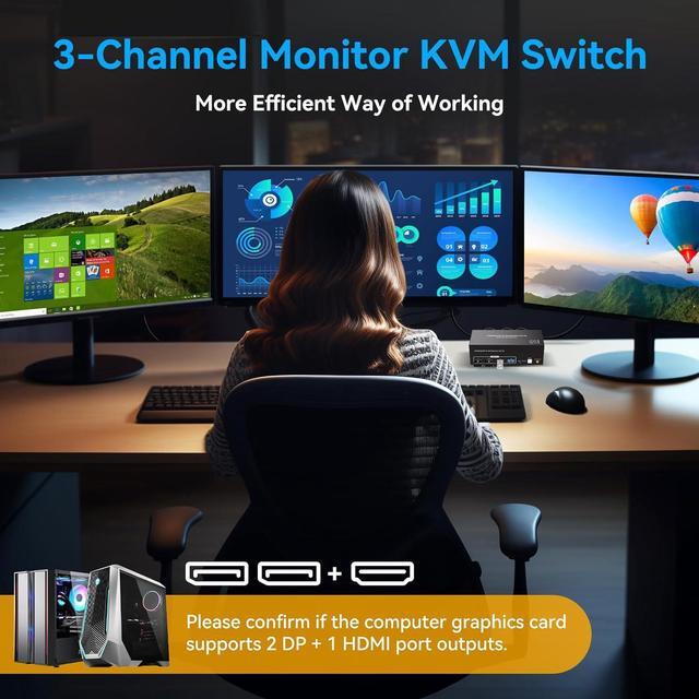 USB 3.0 HDMI+2DP KVM Switch 3 Monitors 2 Computers 8K 60Hz 4K 120Hz Triple Monitor DP HDMI KVM Switch For 2 Computers Share 3 Displays And 4 USB 3.0 Ports Wired Remote And Cables