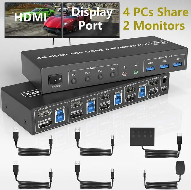 USB 3.0 HDMI + Displayport KVM Switch 2 Monitors 4 Computers 4K 60Hz Dual Monitor KVM Switch with Audio Microphone Output and 3 USB 3.0 Ports 4 Port HDMI+DP Monitor Switch for 4 PCs 2 Monitors