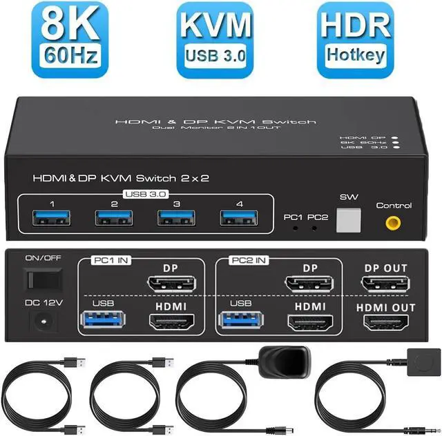 USB 3.0 HDMI+Displayport KVM Switch Dual Monitor 8K 60Hz 2K 120Hz USB HDMI DP Extended Display Switcher for 2 Computers 2 Monitors and 4 USB 3.0 Ports EDID Support Extended & Duplicate Mode
