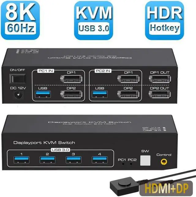 USB 3.0 HDMI + DP KVM Switch 2 Monitors 2 Computers 8K 60Hz 4K 120Hz EDID Emulator Dual Monitor KVM Switch for 2 Computers Share 2 Displays and 4 USB 3.0 Ports Wired Remote and Cables