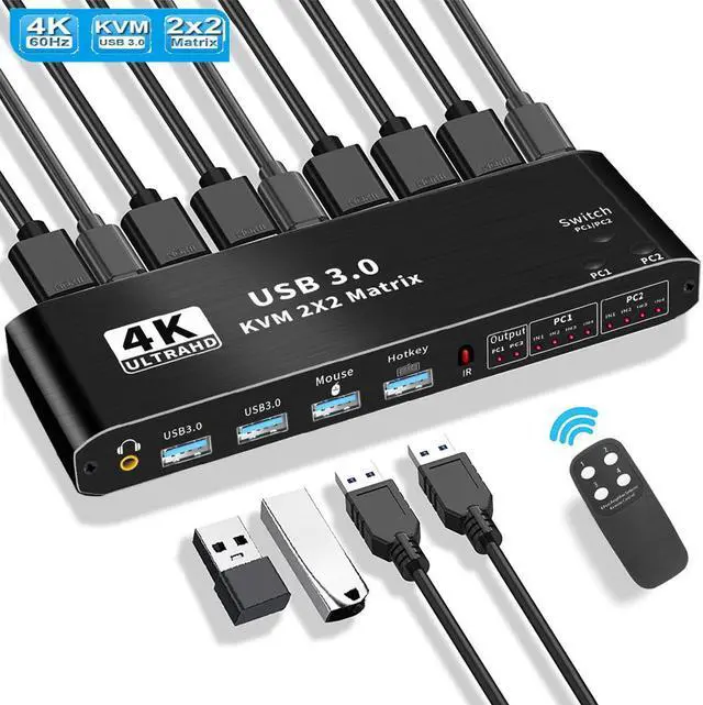 USB 3.0 HDMI KVM 2x2 Matrix Switch 4K 60Hz Dual Monitor HDMI KVM Switch HDMI Extended Display USB KVM Switcher 2 in 2 Out for 2 Computers 2 Monitors Support Audio Hotkey Button Switching