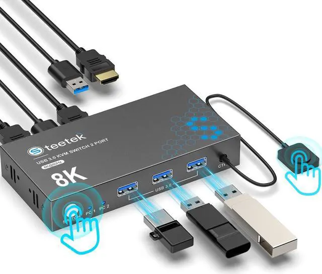 USB 3.0 HDMI KVM Switch 1 Monitor 2 Computers 8K 60Hz KVM Switches for 2 Computers Sharing Monitor Keyboard Mouse Hard Drives Printer with EDID Adaptive 2*USB Cable and Controller