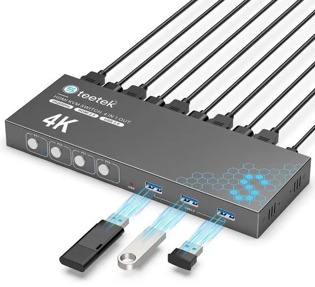 USB 3.0 HDMI KVM Switch 1 Monitors 4 Computers 4K 60Hz KVM Switches for 4 Computers Sharing Monitor Keyboard Mouse Hard Drives Printer with EDID Adaptive 1 HDMI Cable and 4 USB Cable