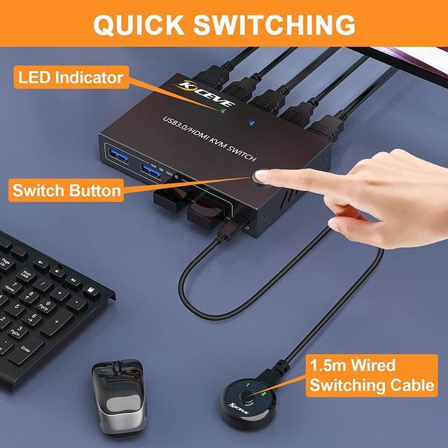 USB 3.0 HDMI KVM Switch 2 In 1 Out For 2 PC 1 Monitors 4K 60Hz Simulation EDID USB 3.0 KVM Switch HDMI KVM Switches 2 Port Share 4 USB 3.0 Devices Wireless Mouse Keyboard Printer With Wired Remote