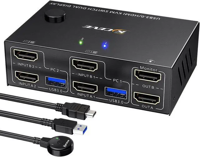 USB 3.0 HDMI KVM Switch 2 Monitors 2 Computers 4K 60Hz 2K 144Hz EDID Emulator Camgeet Dual Monitor KVM Switch for 2 Computers Share 2 Displays and 4 USB 3.0 Ports Wired Remote and Cables Included