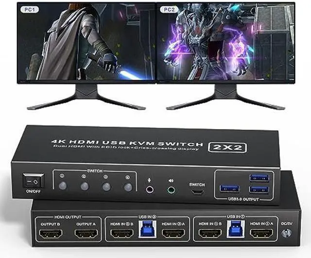 USB 3.0 HDMI KVM Switch 2 Monitors 2 Computers 4K 60Hz Supports EDID KVM Switch Dual Monitor with Audio&Microphone and 3 USB 3.0 Ports Monitor Switch for 2 Computers and 2 Display Modes