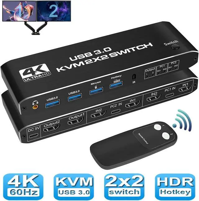 USB 3.0 HDMI KVM Switch 2 Monitors 2 Computers 4K 60Hz Dual Monitor HDMI KVM switches 2 in 2 Out with Audio USB 3.0 Hub Share Keyboard Video Mouse Peripherals Hotkey Black
