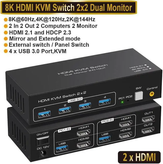 USB 3.0 HDMI KVM Switch 2 Monitors 2 Computers 8K 60Hz 4K 120Hz EDID Emulator Dual Monitor KVM Switch for 2 Computers Share 2 Displays and 4 USB 3.0 Ports Wired Remote and Cables