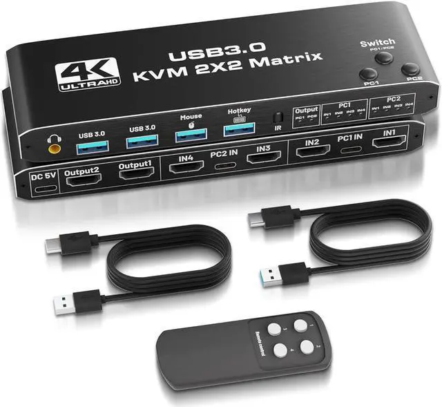 USB 3.0 HDMI KVM Switch 2 Monitors 2 Computers HDMI Matrix 4 in 2 Out 4K 60Hz HDMI KVM Switch for Dual Monitor 4 Port HDMI Switcher Support USB 3.0 HDCP2.3 Hotkey Extended with Remote Control