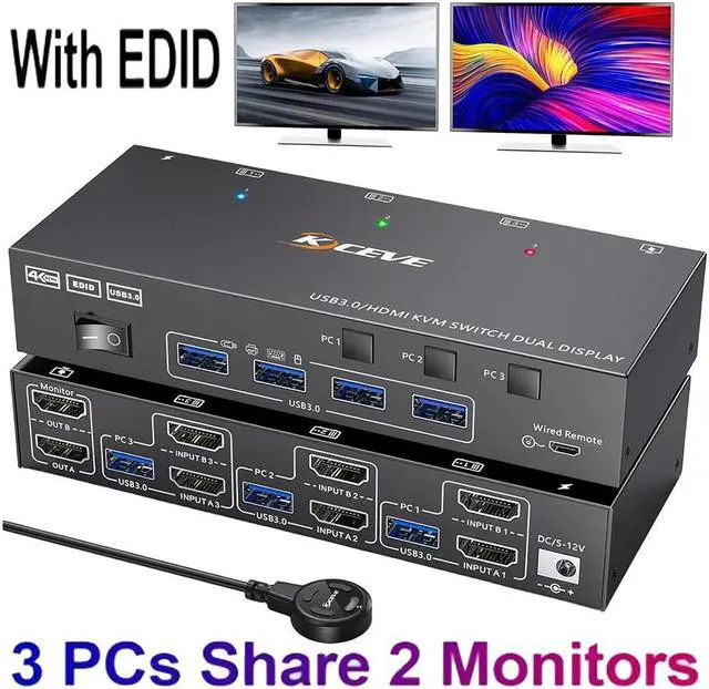 USB 3.0 HDMI KVM Switch 2 Monitors 3 Computers 4K 60Hz EDID simulation Dual Monitor HDMI KVM Switch 3 in 2 Out for 3 Computers Share 2 Displays and 4 USB 3.0 Ports Wired Remote and Cables Included