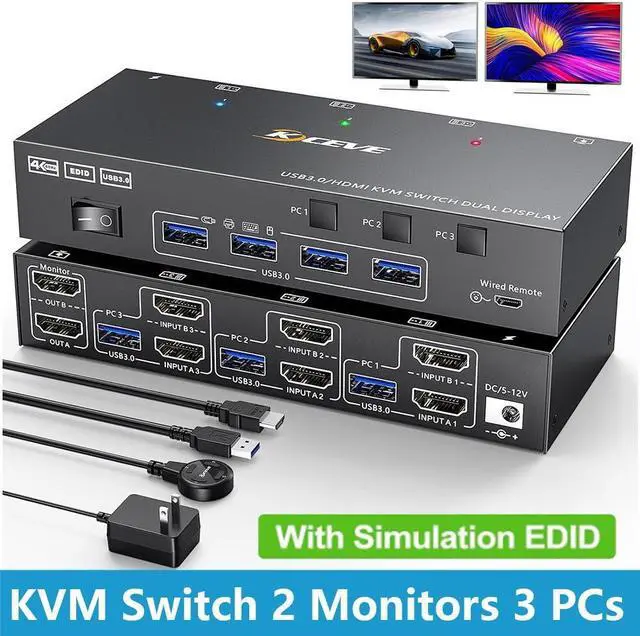 USB 3.0 HDMI KVM Switch 2 Monitors 3 Computers 4K 60Hz 2K 144Hz Edid simulation Dual Monitor HDMI KVM Switch 3 in 2 Out for 3 Computers Share 2 Displays and 4 USB3.0 Port Keyboard Mouse Printer
