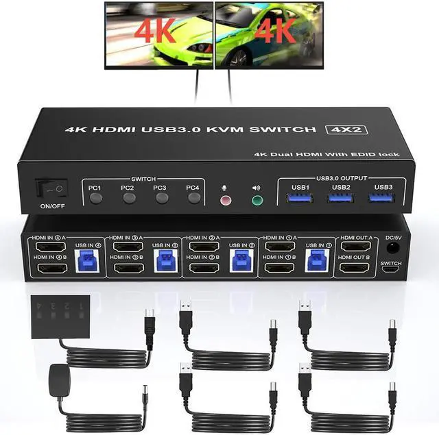 USB 3.0 HDMI KVM Switch 2 Monitors 4 Computers 4K 60Hz HDMI Dual Monitor KVM Switch for 4 PCs with Audio Output and 3 USB 3.0 Ports 4 Port HDMI KVM Switch Input Supports EDID Emulators
