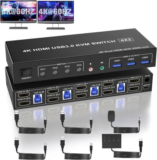 USB 3.0 HDMI KVM Switch 2 Monitors 4 Computers Support EDID 4K 60Hz Dual Monitor HDMI KVM Switch 4 in 2 Out with Audio Microphone and 3 USB 3.0 Ports PC Monitor Keyboard Mouse Switcher for 4 PCs