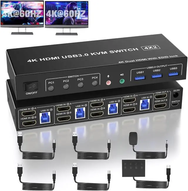 USB 3.0 HDMI KVM Switch 2 Monitors 4 Computers Support EDID 4K 60Hz Dual Monitor HDMI KVM Switch 4 in 2 Out with Audio Microphone and 3 USB 3.0 Ports PC Monitor Keyboard Mouse Switcher for 4 PCs