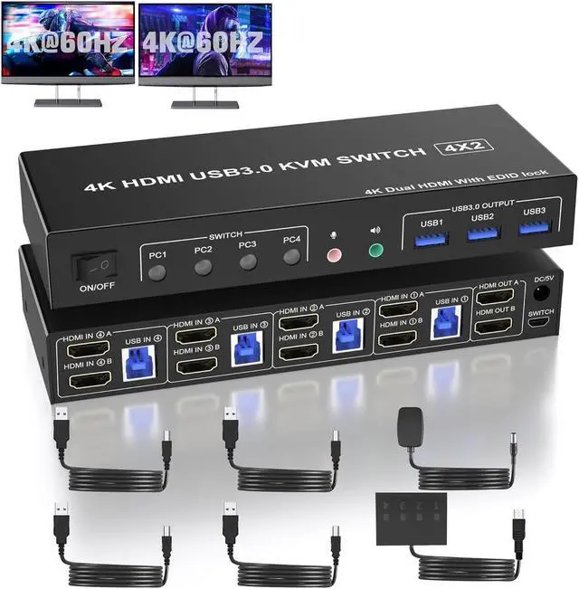 USB 3.0 HDMI KVM Switch 2 Monitors 4 Computers Support EDID 4K 60Hz Dual Monitor HDMI KVM Switch 4 in 2 Out with Audio Microphone and 3 USB 3.0 Ports PC Monitor Keyboard Mouse Switcher for 4 PCs
