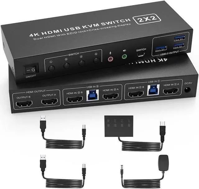 USB 3.0 HDMI KVM Switch 2 Montiors 2 Computers 4K 60Hz Dual Monitor KVM Switch with 3 USB 3.0 Ports and Audio 2 Port KVM Switch with Dual Monitor Cross Display for 2 Computers
