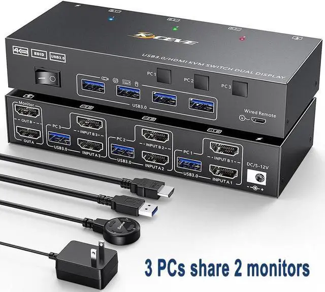 USB 3.0 HDMI KVM Switch 3 in 2 Out 4K 60Hz EDID Emulator Dual Monitor KVM Switch for 3 Computers Share 2 Displays Keyboard Mouse Printer Wired Remote and Cables included