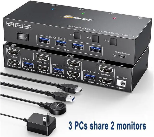 USB 3.0 HDMI KVM Switch 3 in 2 Out 4K 60Hz EDID Emulator Dual Monitor KVM Switch for 3 Computers Share 2 Displays Keyboard Mouse Printer Wired Remote and Cables included