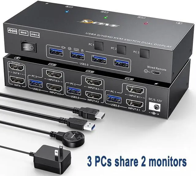USB 3.0 HDMI KVM Switch 3 in 2 Out 4K 60Hz EDID Emulator Dual Monitor KVM Switch for 3 Computers Share 2 Displays Keyboard Mouse Printer Wired Remote and Cables included