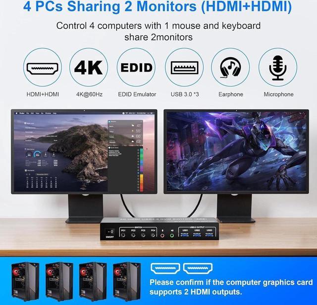 USB 3.0 HDMI KVM Switch 4 Computers Supports EDID 4K 60Hz Dual Monitor HDMI KVM Switches For 4 PCs With 3 USB 3.0 And Audio Microphone Ports 4 Port HDMI KVM Switch 4 In 2 Out For 4PCs
