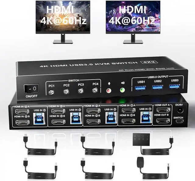 USB 3.0 HDMI KVM Switch 4 Computers Supports EDID 4K 60Hz Dual Monitor HDMI KVM Switches for 4 PCs with 3 USB 3.0 and Audio Microphone Ports 4 Port HDMI KVM Switch 4 in 2 Out for 4PCs