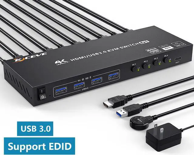 USB 3.0 HDMI KVM Switch 4 Port HDMI Support 4K 60Hz 2K 120Hz Simulation EDID HDMI USB KVM Switch for 4 Computers Share 1 Monitor and 4 USB 3.0 Port with Desktop Controller and KVM Cables