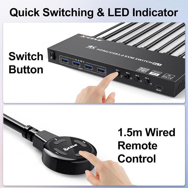 USB 3.0 HDMI KVM Switch 4 Port Support 4K 60Hz 2K 120Hz RGB 4:4:4 Simulation EDID HDMI KVM Switch 4 In 1 Out With 4 USB 3.0 Port For Keyboard Mouse Printer With Controller USB 3.0 And HD-MI Cable