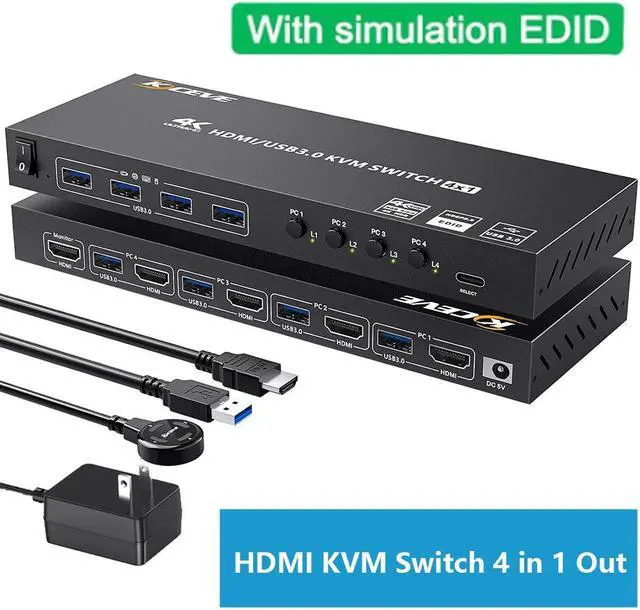 USB 3.0 HDMI KVM Switch 4 Port Support 4K 60Hz 2K 120Hz RGB 4:4:4 Simulation EDID HDMI KVM Switch 4 in 1 Out with 4 USB 3.0 Port for Keyboard Mouse Printer with Controller USB 3.0 and HD-MI Cable