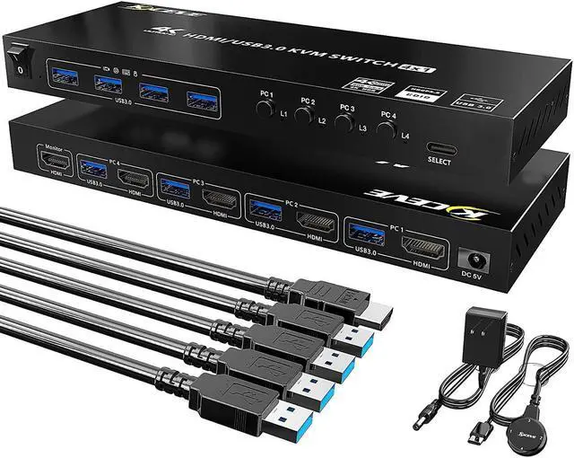 USB 3.0 HDMI KVM Switch 4 Port Support 4K 60Hz RGB 4:4:4 USB Hub HDR EDID HDMI USB Switch 4 in 1 Out and 4 USB 3.0 Port for Keyboard Mouse Printer with Controller USB 3.0 Cables and HDMI-Cable