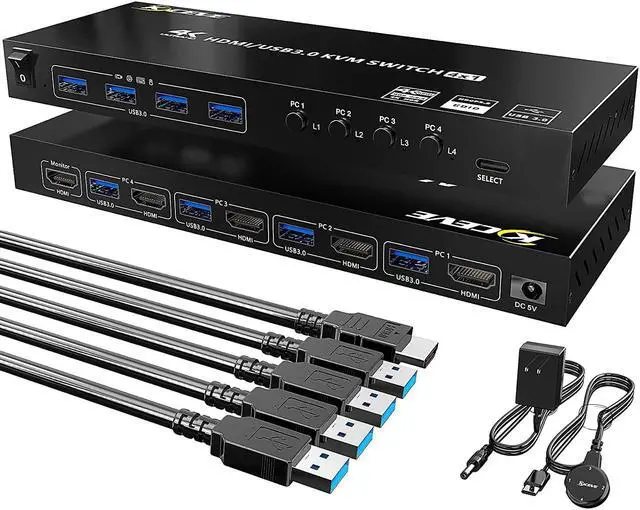 USB 3.0 HDMI KVM Switch 4 Port Support 4K 60Hz RGB 4:4:4 USB Hub HDR EDID HDMI USB Switch 4 in 1 Out and 4 USB 3.0 Port for Keyboard Mouse Printer with Controller USB 3.0 Cables and HDMI-Cable