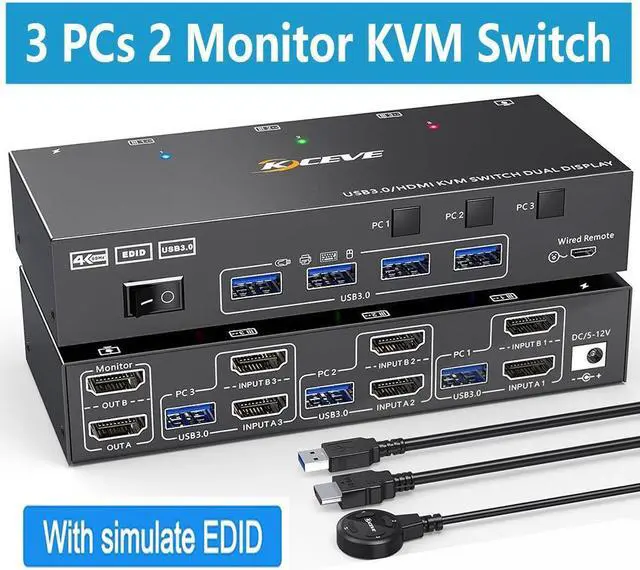 USB 3.0 HDMI KVM Switch 4K 60Hz Dual Monitor HDMI KVM Switcher With EDID Emulator Support Copy and Extended Display for 3 PCs Share 2 Displays and 4 USB 3.0 Ports Wired Remote and Cables Included