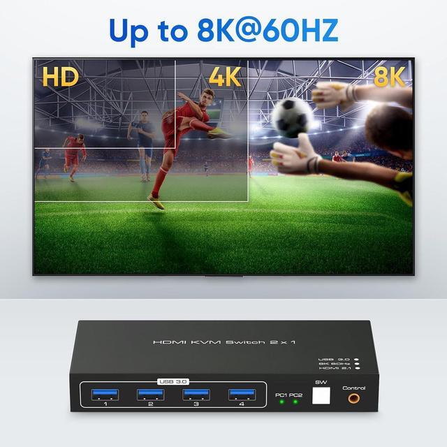 USB 3.0 HDMI KVM Switch 8K 60hz Ultra HD Resolution 2 In 1 Out HDMI KVM Switches 4 USB Hub 2 Computers 1 Monitor Switch Support 4K 120Hz 2 PCs Share Keyboard Mouse Printer Scanner With Controller