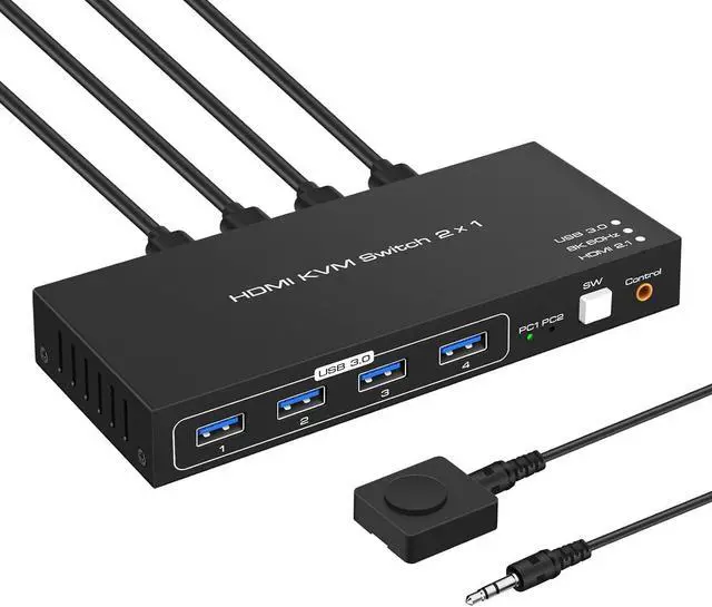 USB 3.0 HDMI KVM Switch 8K 60hz Ultra HD Resolution 2 in 1 Out HDMI KVM Switches 4 USB Hub 2 Computers 1 Monitor Switch Support 4K 120Hz 2 PCs Share Keyboard Mouse Printer Scanner with Controller