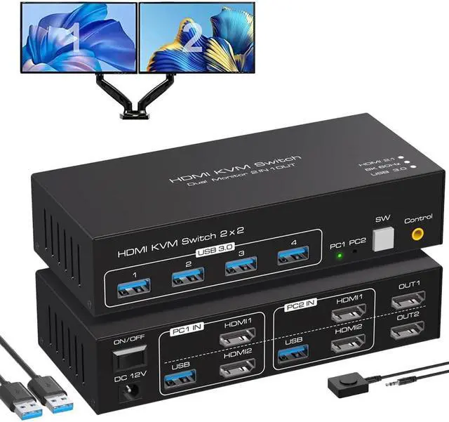USB 3.0 HDMI KVM Switch Dual Monitor 8K 60Hz 2K 120Hz USB HDMI Extended Display Switcher for 2 Computers 2 Monitors and 4 USB 3.0 Ports EDID Support Extended & Duplicate Mode