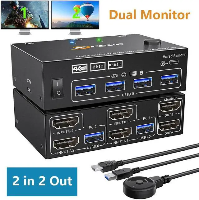 USB 3.0 HDMI KVM Switch for 2 Computers 2 Monitors 4K 60Hz EDID Emulator Dual Monitor HDMI KVM Switch 2 in 2 Out for 2 Computers Share 2 Displays and 4 USB 3.0 Ports Wired Remote and Cables Included
