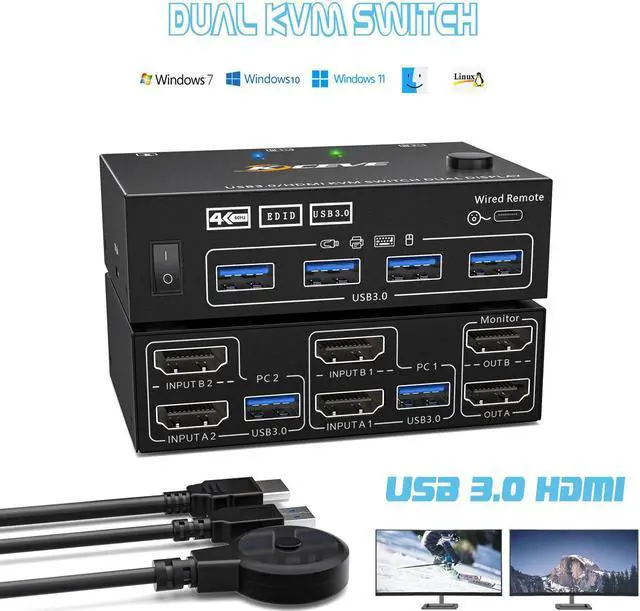 USB 3.0 HDMI KVM Switch for 2 Computers 2 Monitors 4K 60Hz 2K 144Hz EDID Emulator Dual Monitor HDMI KVM Switch for 2 PC Share 2 Displays and 4 USB 3.0 Ports Wired Remote and USB Cables Included