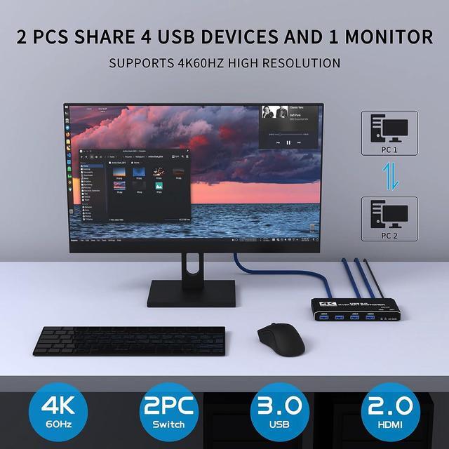 USB 3.0 HDMI KVM Switch For 2 Computers Share 1 Monitor 4K 60Hz HDCP2.3 HDMI2.0 KVM Switches For 2 Computers Share 1 Set Mouse Keyboard U Disk Printer Support For Up To 4 USB Devices