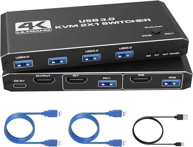 USB 3.0 HDMI KVM Switch for 2 Computers Share 1 Monitor 4K 60Hz HDCP2.3 HDMI2.0 KVM Switches for 2 Computers Share 1 Set Mouse Keyboard U Disk Printer Support for up to 4 USB Devices