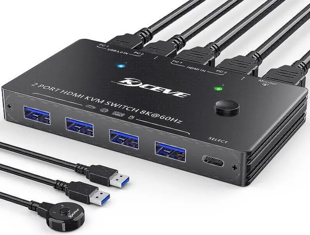 USB 3.0 HDMI KVM Switch for 2 PC 1 Monitor 2 Port HDMI KVM Switch 8K 60Hz 4K 120Hz Support Simulation EDID HDCP 2.3 HDMI2.1 Share USB devices like keyboard and mouse via 4 USB3.0 ports