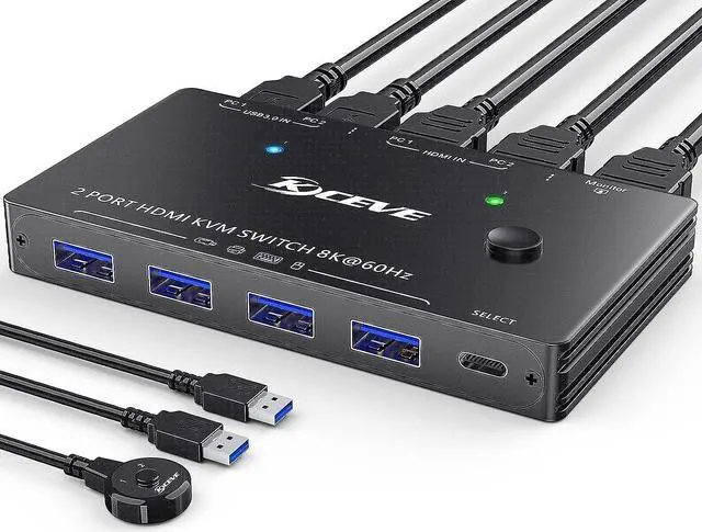 USB 3.0 HDMI KVM Switch for 2 PC 1 Monitor 2 Port HDMI KVM Switch 8K 60Hz 4K 120Hz Support Simulation EDID HDCP 2.3 HDMI2.1 Share USB devices like keyboard and mouse via 4 USB3.0 ports