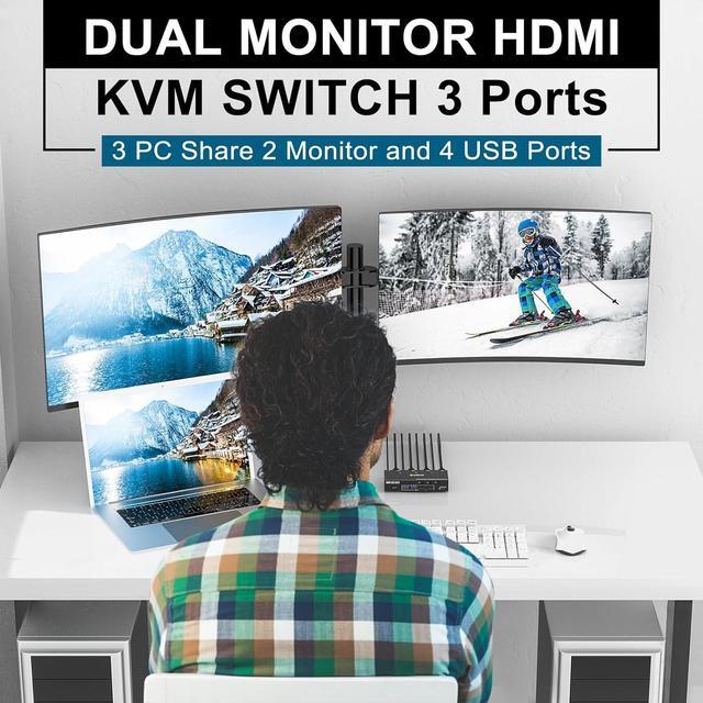 USB 3.0 HDMI KVM Switch For 3 PC 2 Monitors EDID Emulator 4K 60Hz Extended Display HDMI 2.0 Dual Monitor KVM Switch 3 PC Share Wireless Keyboard Mouse Printer With Wired Remote And 5 Cables