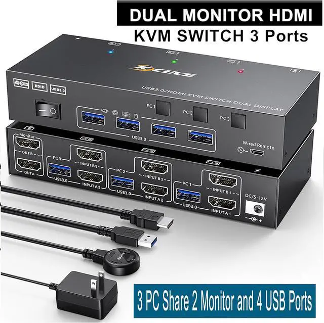 USB 3.0 HDMI KVM Switch for 3 PC 2 Monitors EDID Emulator 4K 60Hz Extended Display HDMI 2.0 Dual Monitor KVM Switch 3 PC Share Wireless Keyboard Mouse Printer with Wired Remote and 5 Cables