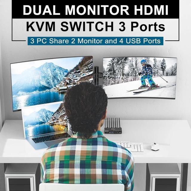 USB 3.0 HDMI KVM Switch For 3 PC 2 Monitors EDID Emulator 4K 60Hz Extended Display HDMI2.0 Dual Monitor KVM Switch For 3 PC Share Keyboard Mouse Printer USB Device With Wired Remote And 5 Cables