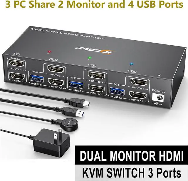 USB 3.0 HDMI KVM Switch for 3 PC 2 Monitors EDID Emulator 4K 60Hz Extended Display HDMI2.0 Dual Monitor KVM Switch for 3 PC Share Keyboard Mouse Printer USB Device with Wired Remote and 5 Cables
