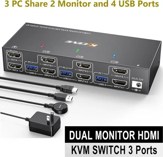 USB 3.0 HDMI KVM Switch for 3 PC 2 Monitors EDID Emulator 4K 60Hz Extended Display HDMI2.0 Dual Monitor KVM Switch for 3 PC Share Keyboard Mouse Printer USB Device with Wired Remote and 5 Cables