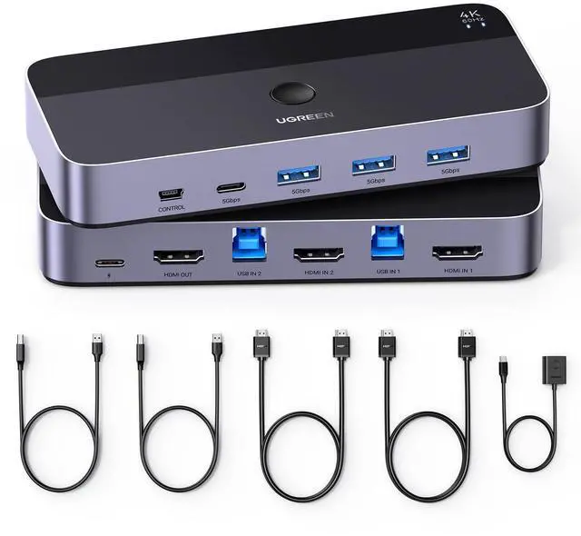 USB 3.0 HDMI KVM Switch with 4 USB 3.0 Ports 4K 60Hz for 2 Computers Sharing 1 Monitor Keyboard Mouse Hard Drives Printer with 2 HDMI Cables 2 USB Cables and Controller