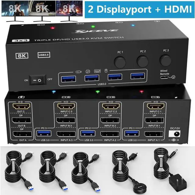 USB 3.0 KVM Switch 3 Computers 3 Monitors HDMI + 2 DisplayPort Triple Monitor KVM Switcher 8K 30Hz/4k 144Hz Triple Monitor DP KVM for 3 PC Share 3 Display and 4 USB3.0 Devices Wired Remote Included